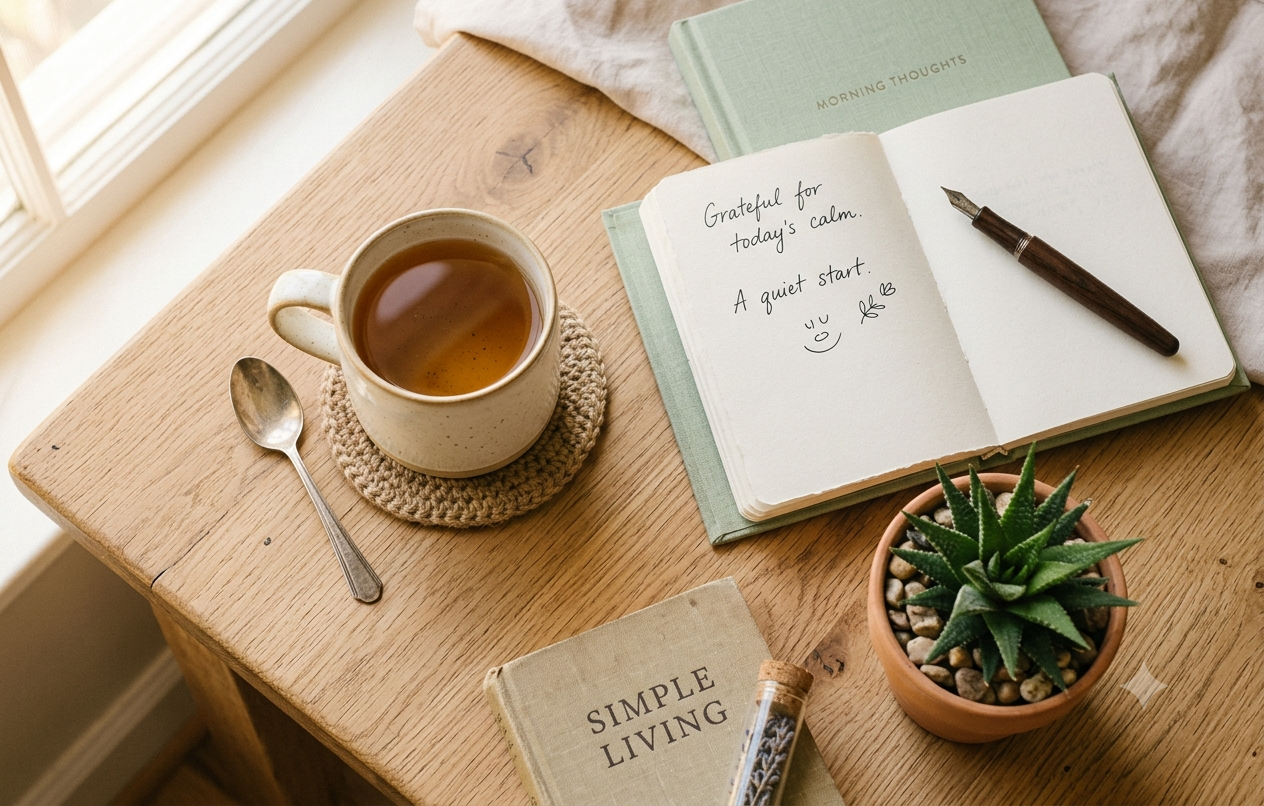 Calm morning — tea, journal, plant